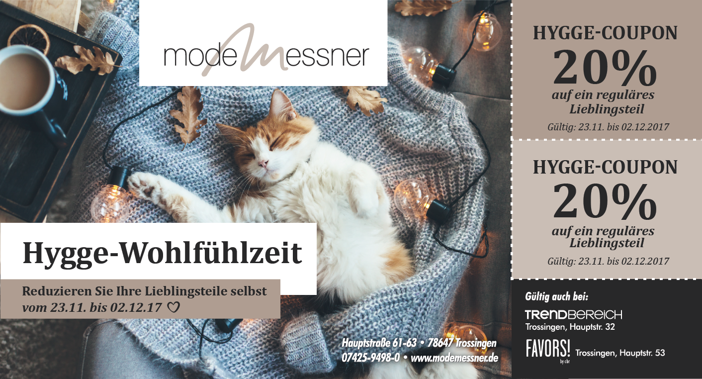 Aktionskarte mit 2 20% Hygge-Coupons